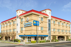 Exterior view of our hotel in San Bruno, California.
