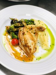 Tuscan Chicken With Tuscan Velouté, Garlic Whipped Potatoes, And Crispy Brussel Sprouts With Balsamic And Whole Grain Mustard Gl